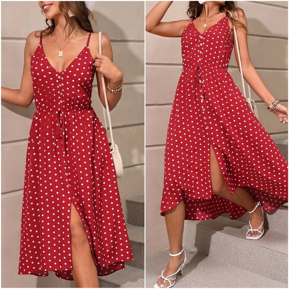 Red Polka Dot Button Summer Dress - Picture 3 of 3